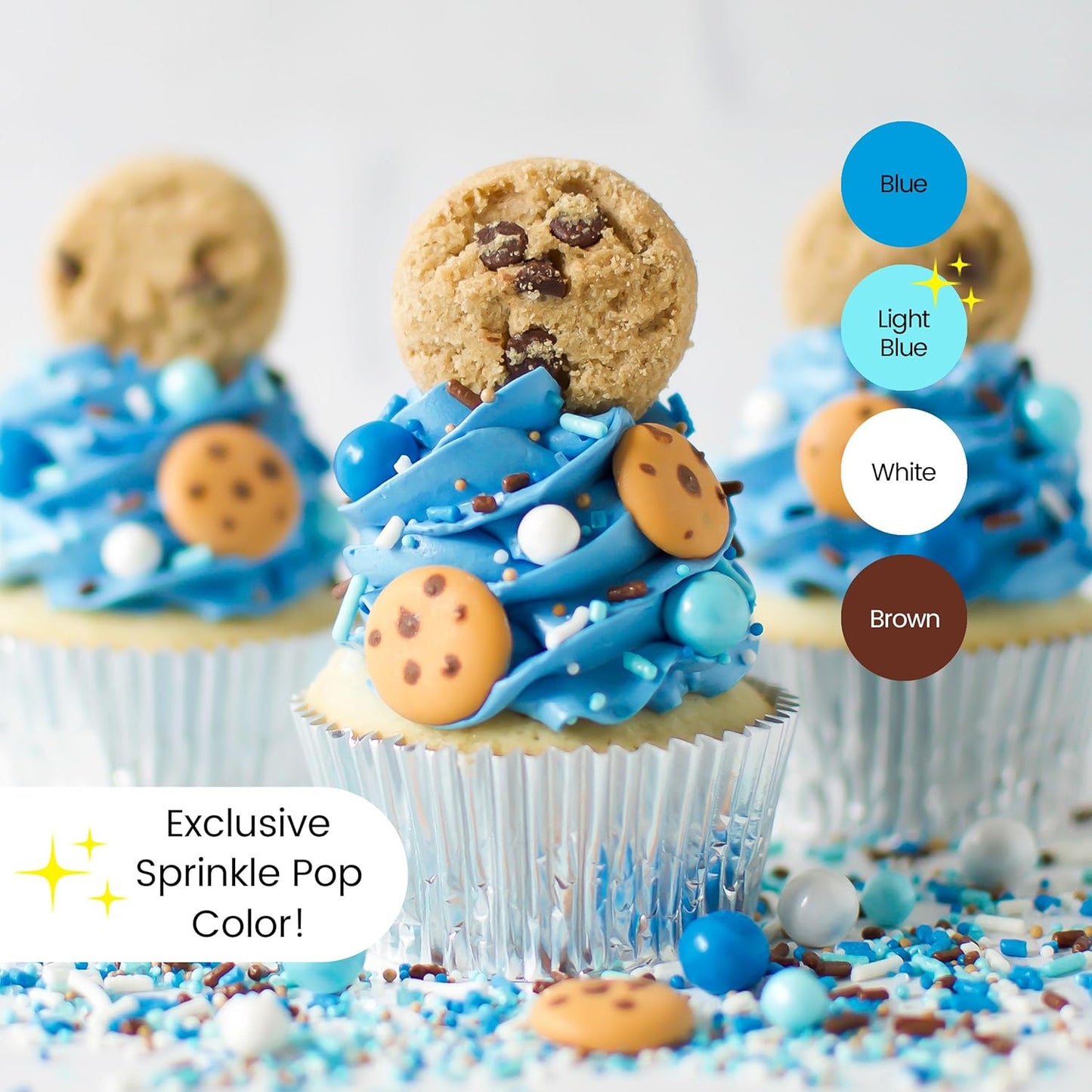 Sprinkle Pop Cookies & Milk Sprinkle Mix| Blue and White Sprinkles with ~12 Hand Piped Chocolate Chips Cookies and Brown Pops| Decorating Sprinkles Made in USA For Birthday Cake Cupcakes Donuts, 4oz
