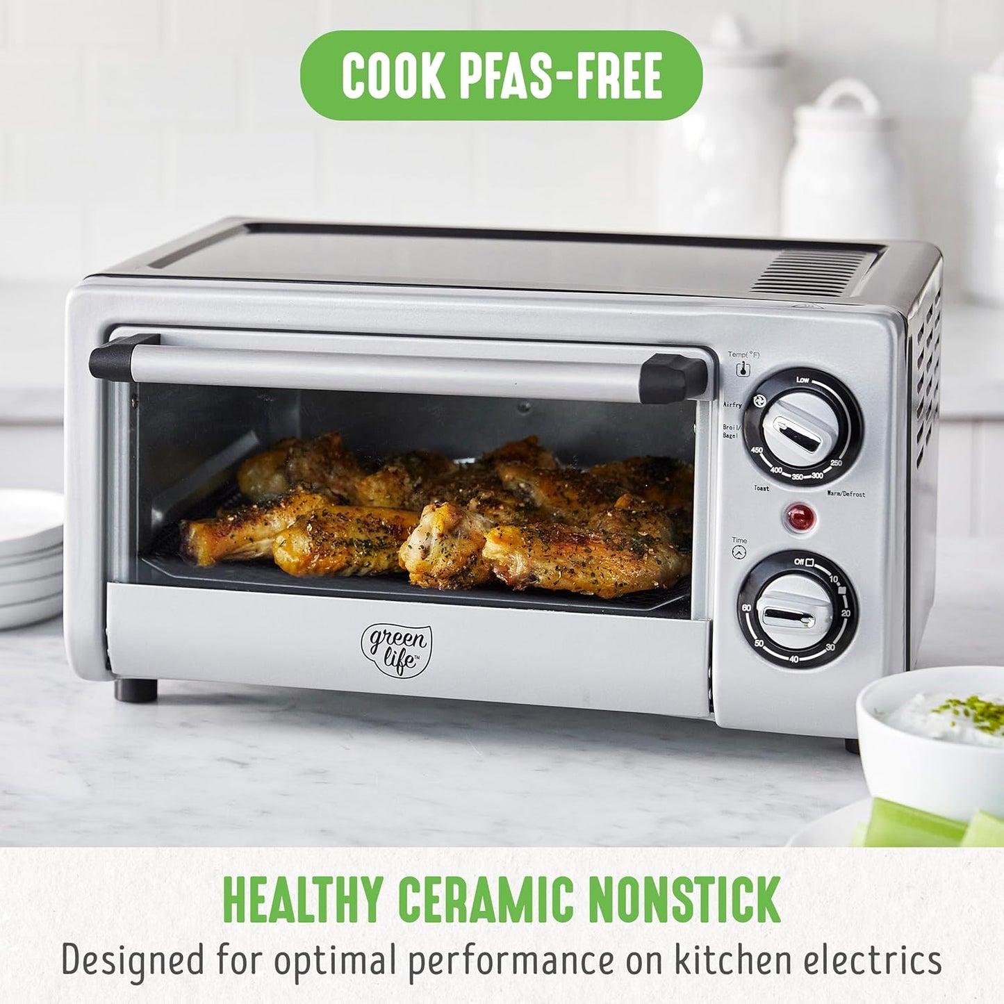 GreenLife Countertop Toaster Oven Air Fryer Stainless Steel, Healthy Ceramic Nonstick, PFAS and PFOA-Free, Tray & Basket, Bake, Broil, Reheat, Adjustable Temp & Time Control, Auto Shutoff, Black