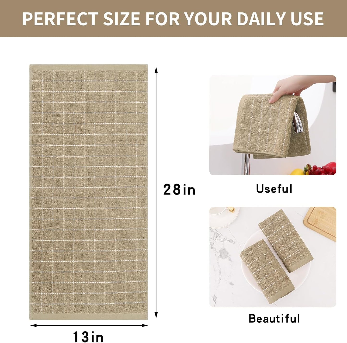 Homaxy 100% Cotton Terry Kitchen Towels(Tan, 13 x 28 inches), Checkered Designed, Soft and Super Absorbent Dish Towels, 8 Pack