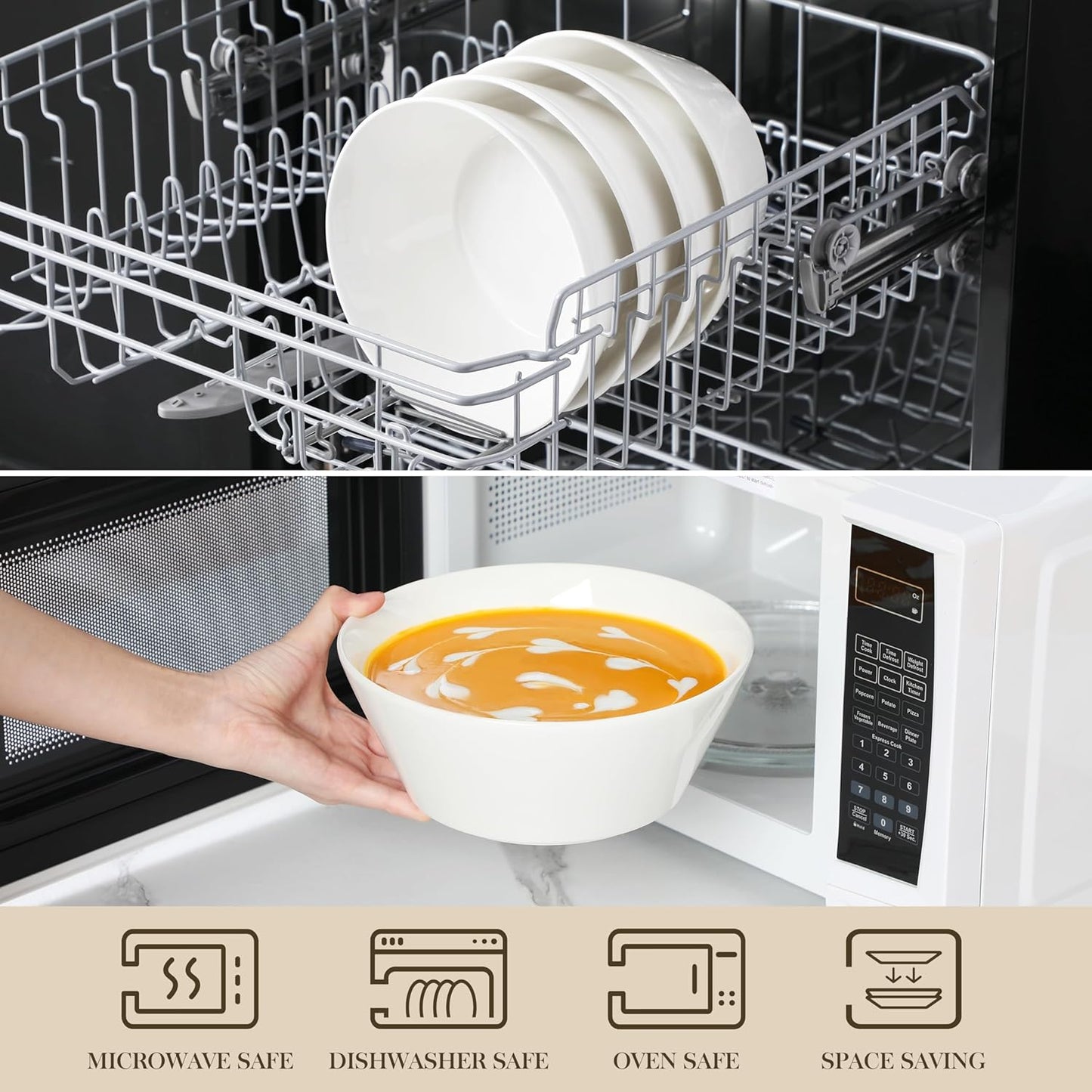 MALACASA Large Salad & Soup Bowls - Set of 4, 60 OZ Porcelain White Bowls for Ramen, Pasta, Pho - Microwave & Dishwasher Safe