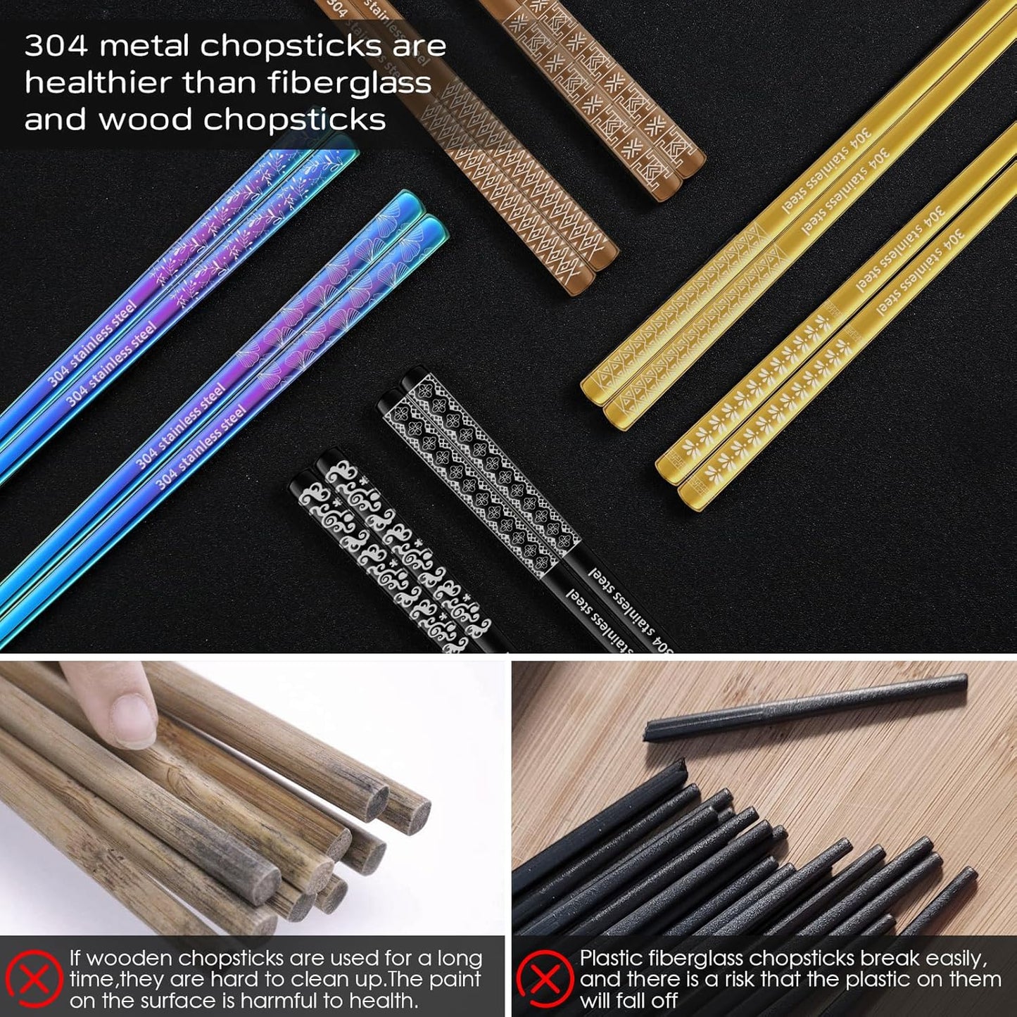 8 Pairs Metal Chopsticks Reusable Multicolor Stainless Steel Chopsticks Set Laser Engraved Non-slip Japanese Korean Chinese Chopstick for Cooking Eating Dishwasher Safe 9.25" Chop Sticks Gift Set