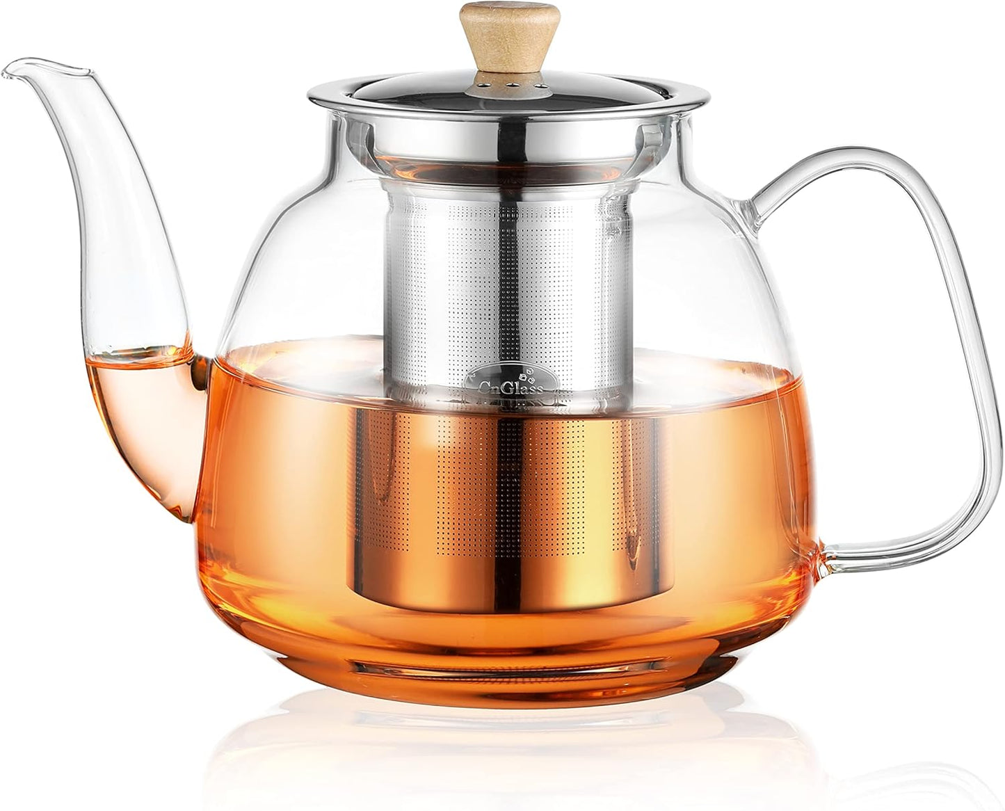 CNGLASS Glass Teapot with Removable Infuser 1100ml(37.5oz),Clear Tea Kettle Stovetop Safe,Blooming and Loose Leaf Tea Maker