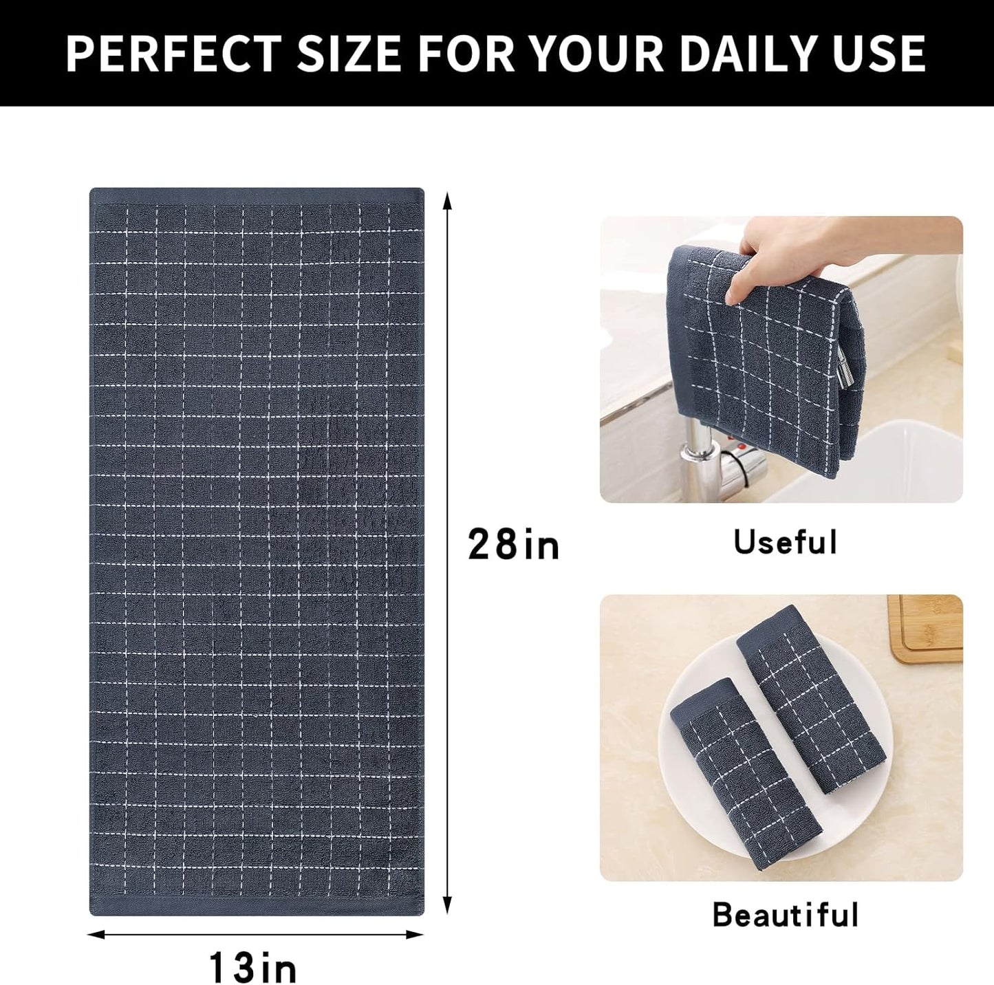 Homaxy 100% Cotton Terry Kitchen Towels(Dark Grey, 13 x 28 inches), Checkered Designed, Soft and Super Absorbent Dish Towels, 4 Pack