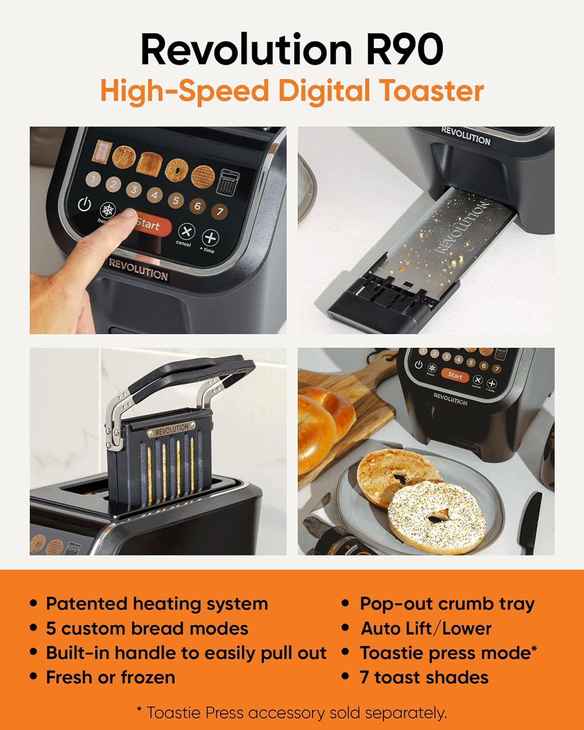 Revolution R90 Digital Toaster + Toastie Press Bundle – 2-Slice Wide Slot, Patented InstaGLO 2.0 Technology, Toastie Press Mode – Toast Bread, Bagels, Waffles, Tortillas, Pastries – Black