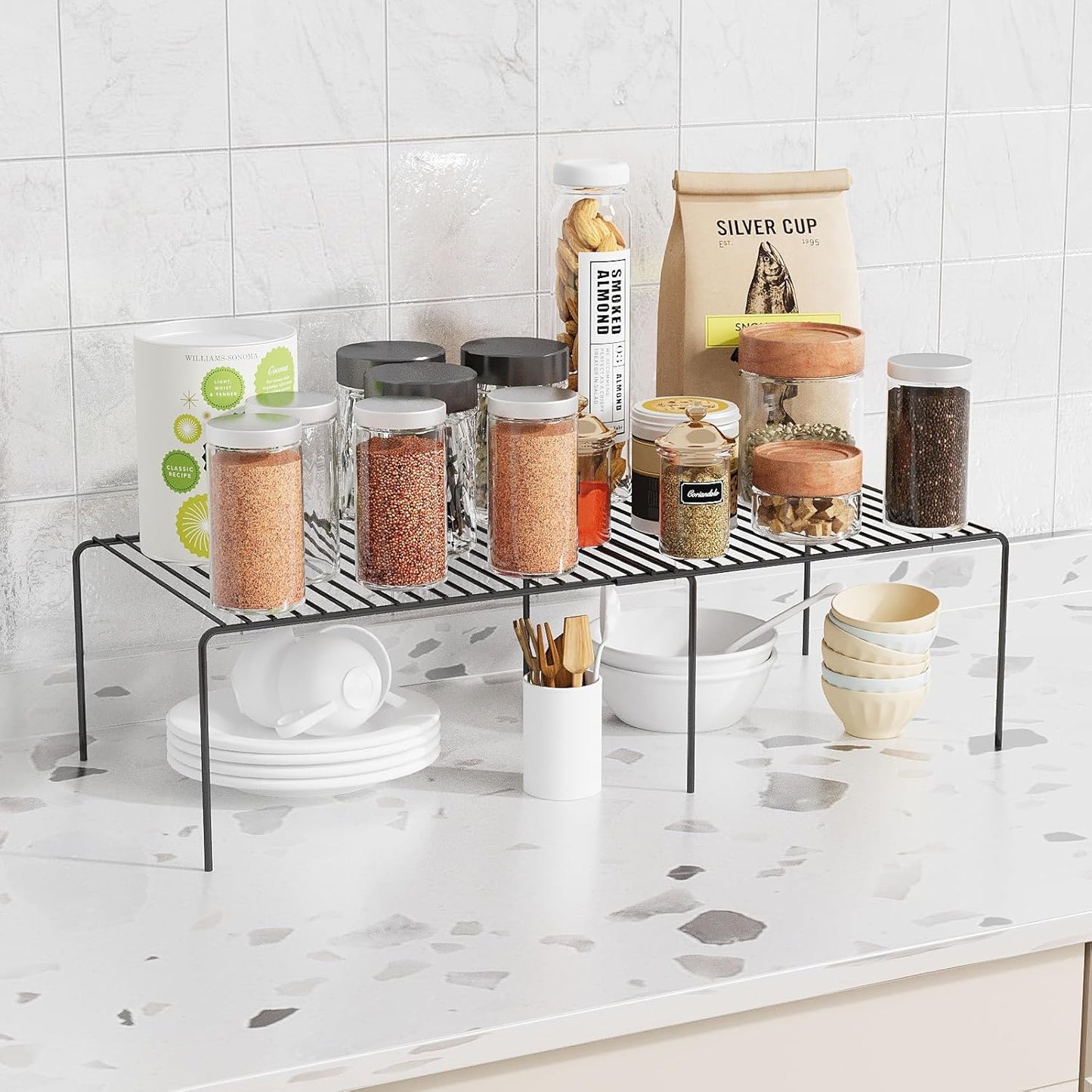 Expandable Storage Shelf, Pantry Organizers and Storage, Adjustable Rustproof Metal Wire Spice Rack, Space Saver Kitchen Storage Shelves for Pan, Pot, Countertop, Drawer, Fridge, Set of 6, Black