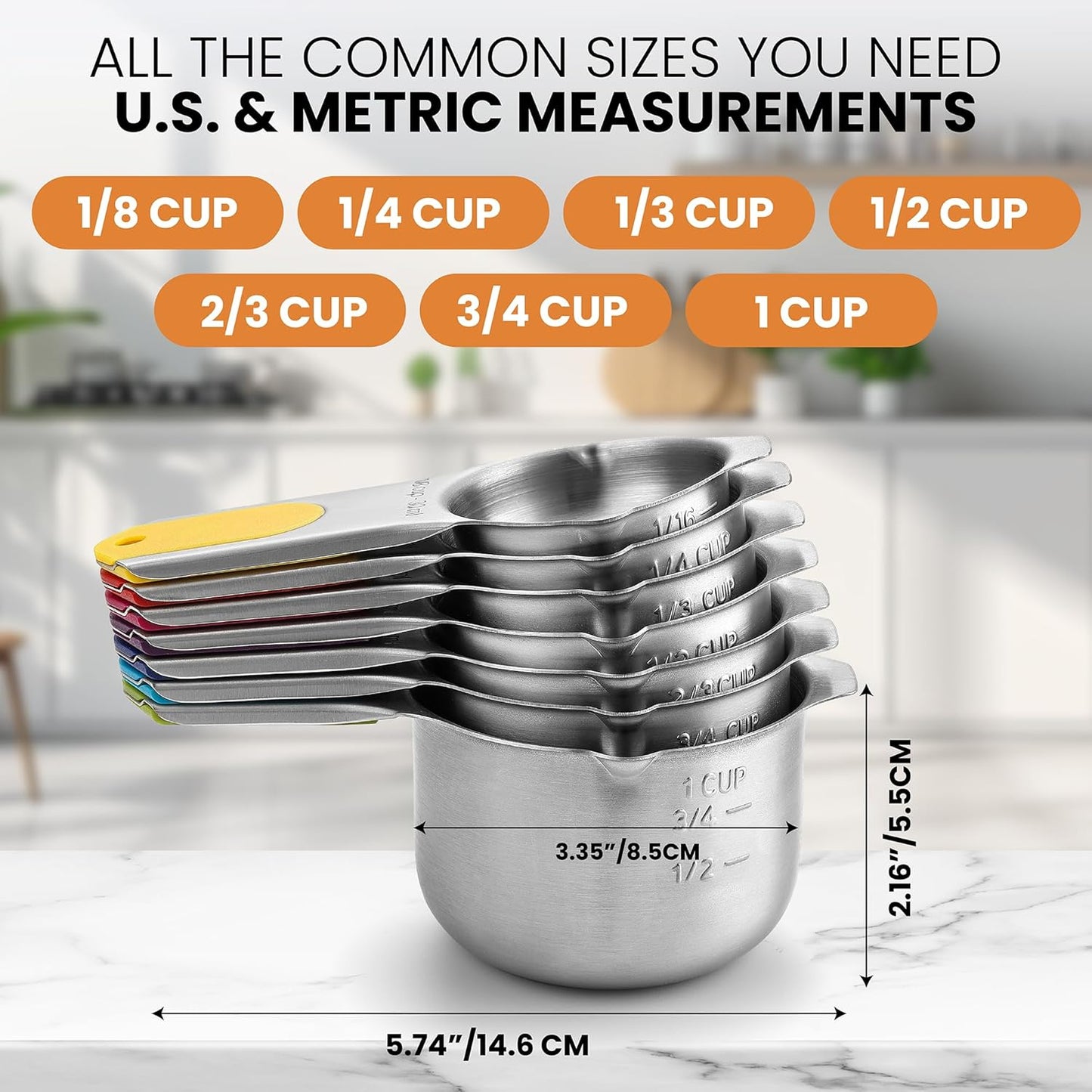 Spring Chef Magnetic Stainless Steel Measuring Cups, Patented, Kitchen Tools with Easy to Read Markings for Measuring Dry or Liquid Ingredients, Set of 7, Multicolor
