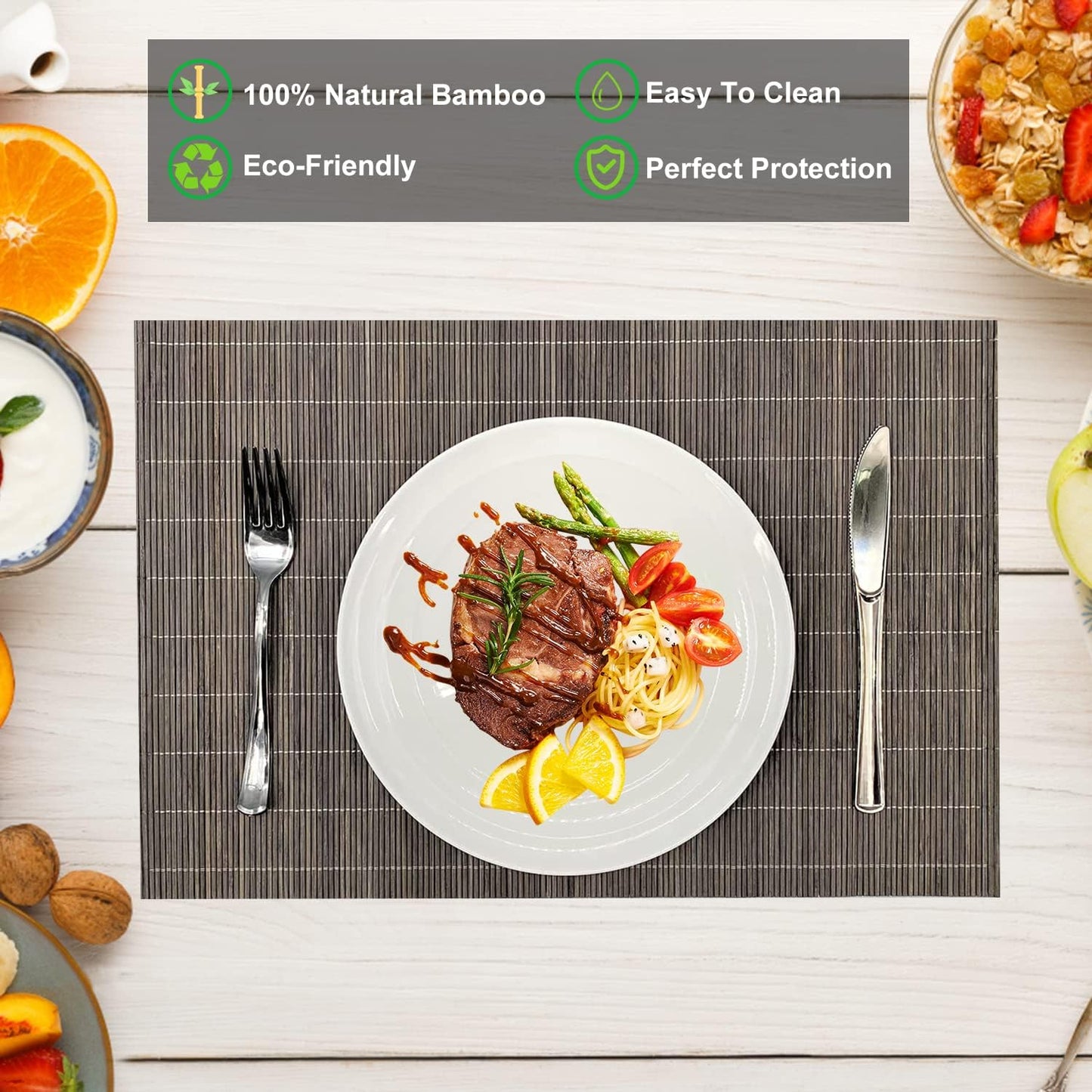 ANDSTAR Set of 8 Pcs Bamboo Placemats Natural Anti-Slip Bamboo Placemats Washable Heat-Resistant Table Mats for Dining Room and Kitchen（Light Brown）