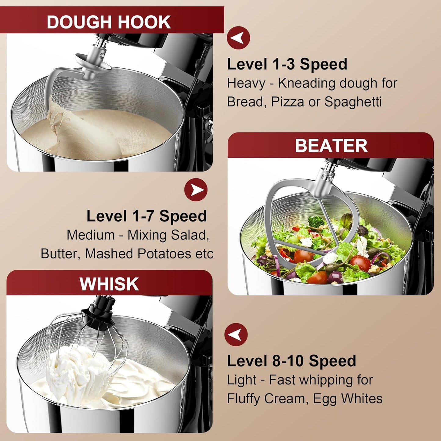 10-Speed Stand Mixer with 8-in-1 Splash Guard, Tilt-Head, 6QT Stainless Steel Bowl + Dishwasher-Safe Dough Hook/Whisk/Beater/Spatula for Baking Bread, Cakes, Cookies, Black