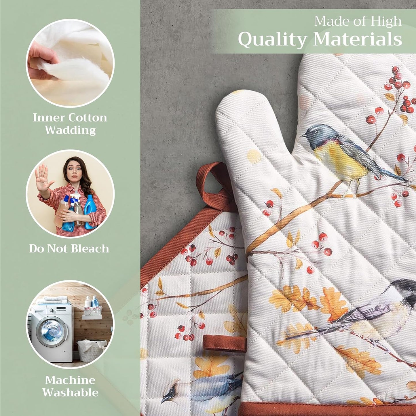 Maison d' Hermine 100% Cotton Oven Mitt & Pot Holder Set (7.5"x13" & 8"x8") Heat Resistant BBQ Cooking Gloves with Loop, Baking, Grilling, Kitchen, Handling Hot Pans (Oak Leaves)