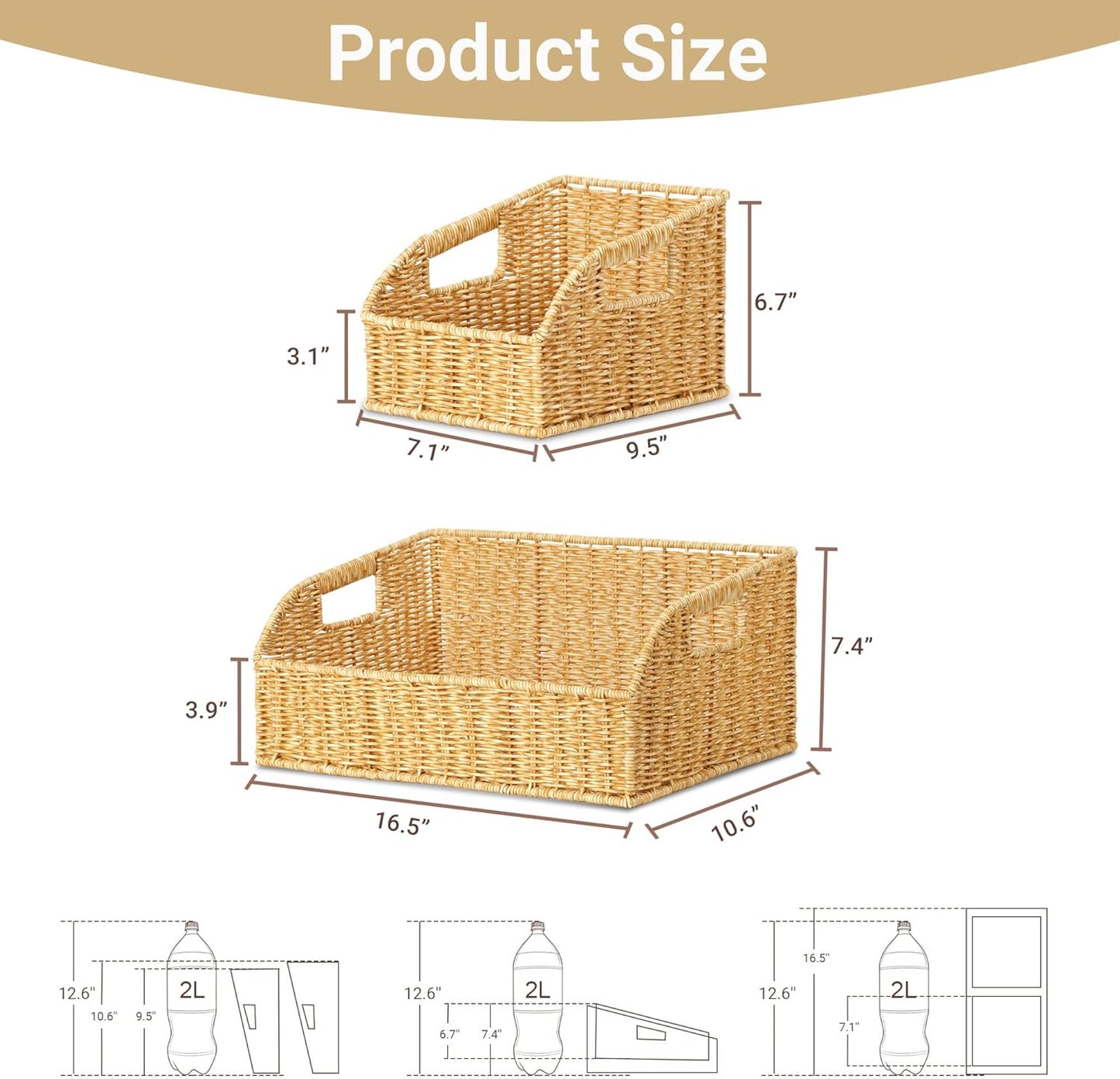 Wicker Baskets for Organizing,Pantry, Kitchen Counter with Handles, Handwoven Woven Storage Baskets for Fruit, Bread, Vegetable, Waterproof Plastic Storage Bins for Shelves, 3 Pack, Natural