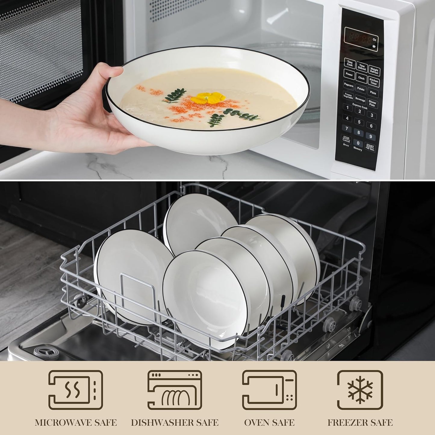 MALACASA 8.85" Large Pasta Bowls, 42 OZ White Salad Bowls Soup Bowls, Porcelain Serving Bowls Set of 4, Ivory White & Black Rim, Microwave & Dishwasher Safe, Series REGULAR