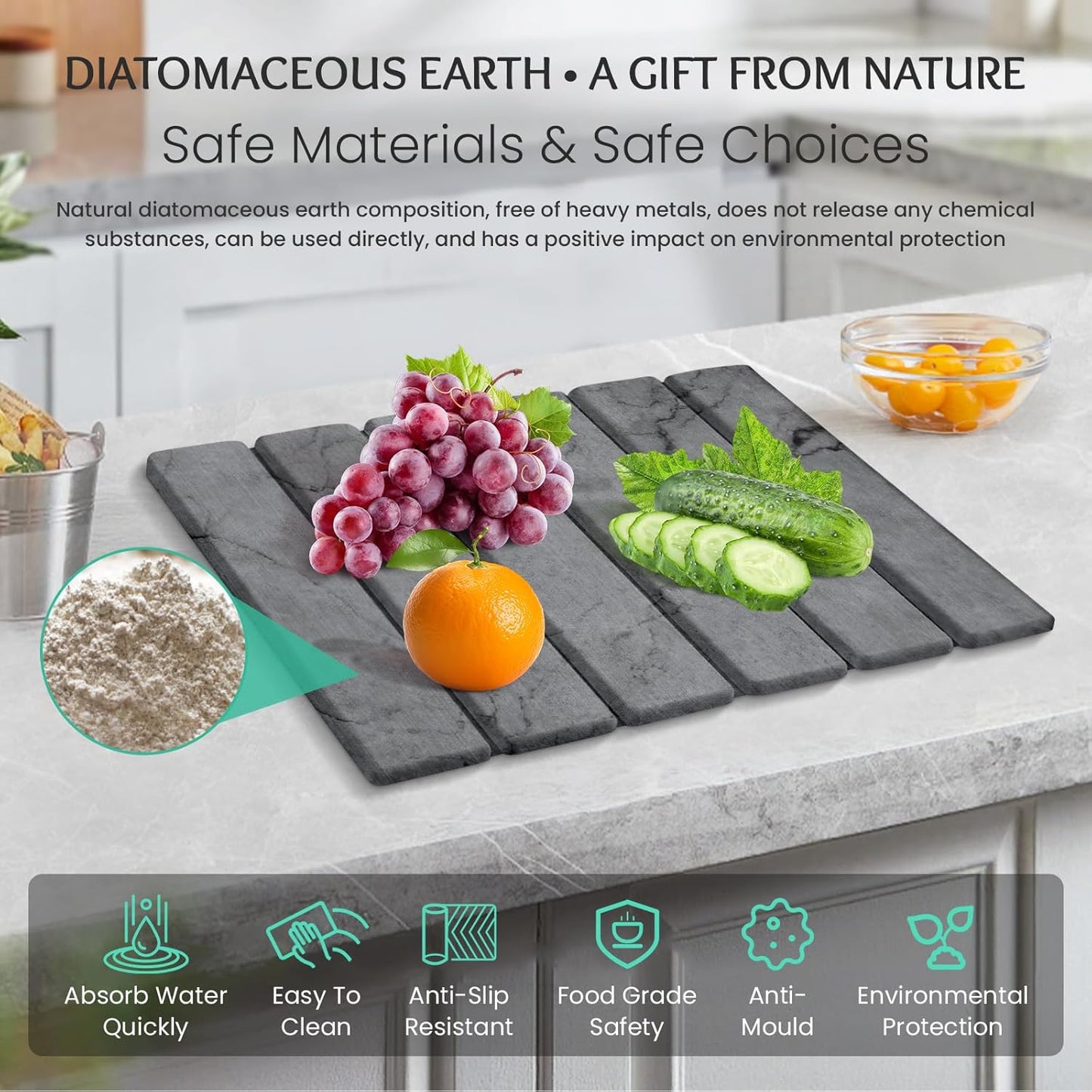 Stone Dish Drying Mat Collapsible Diatomaceous Earth Absorbent Mat Quick Dish Drying Pad Dish Rack Pad Match Any Counter to Multiple Usage for Kitchen,Bathroom