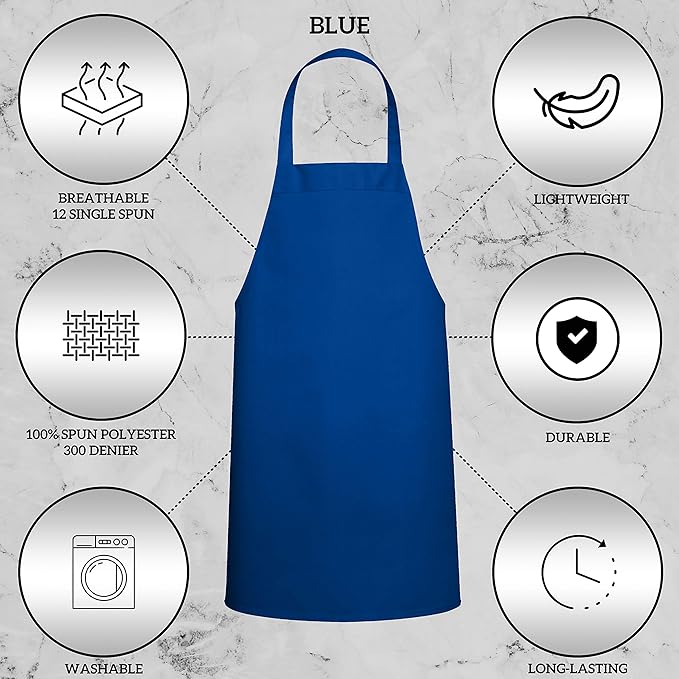 GREEN LIFESTYLE 12 Pack Professional Chef Apron – Grilling Aprons for Men, Waterproof Cooking Apron for BBQ, Work or Restaurant Use, Kitchen Aprons for Women – Royal Blue, No Pockets