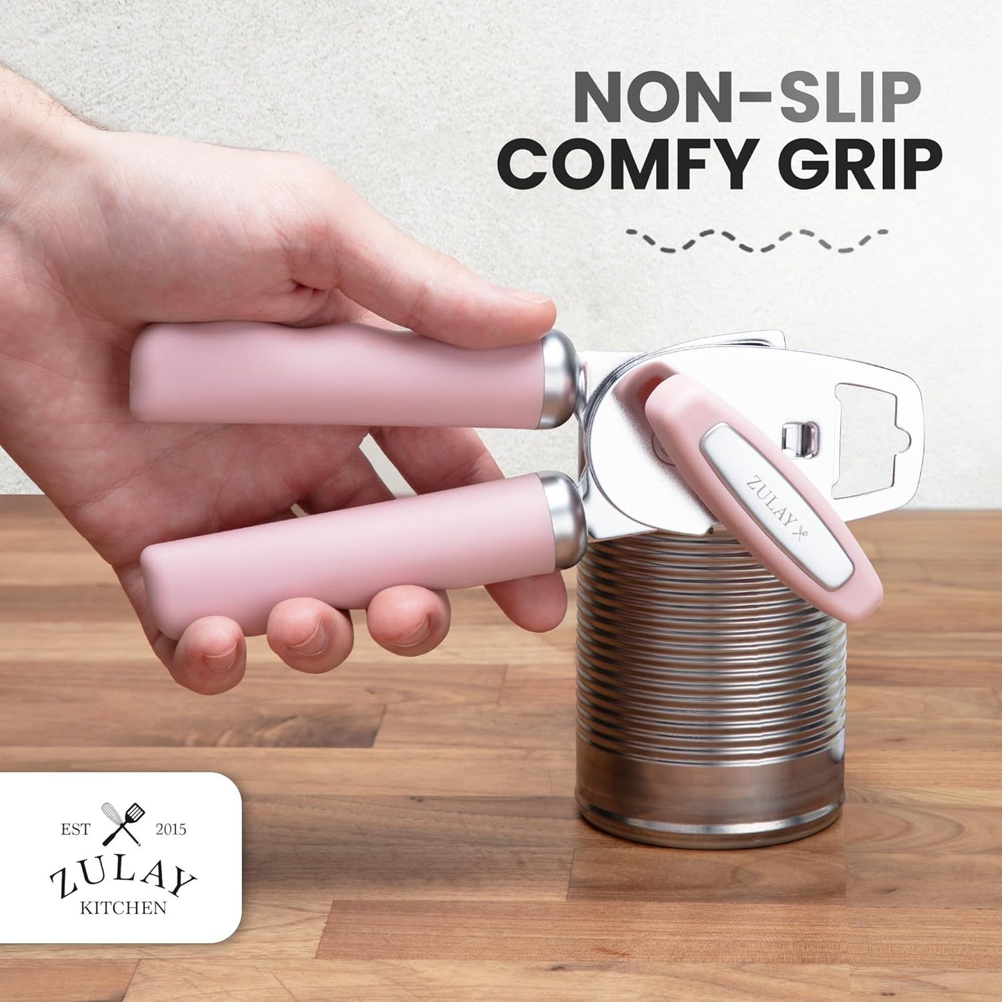 Zulay Kitchen Heavy Duty Stainless Steel Can Opener Manual with Bottle Opener - Rust Proof Manual Can Opener With Turn Knob & Comfy Soft Grip Handles - Light Pink
