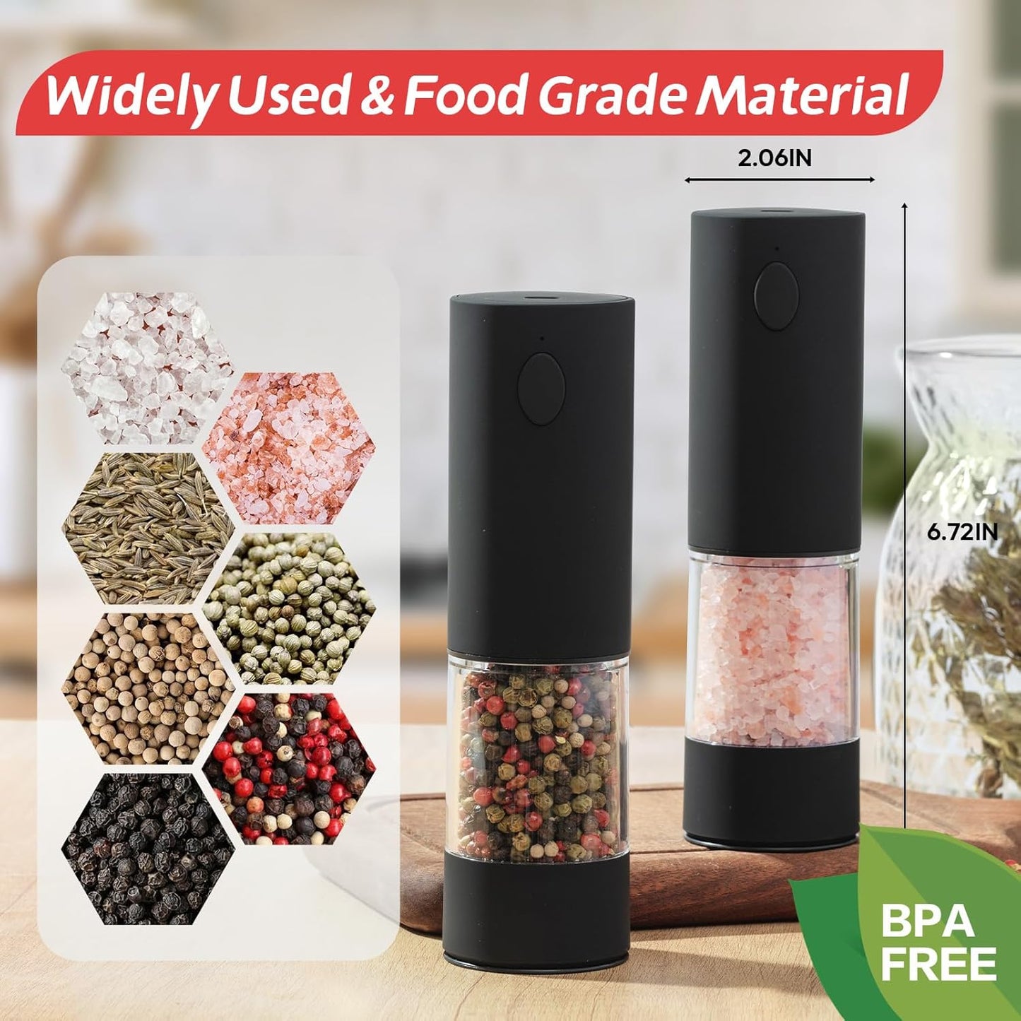 Electric Salt & Pepper Grinder Set (2 Pack) – USB Rechargeable, Adjustable Coarseness, One-Handed Operation with LED Light – Automatic Spice Mill Shaker for Kitchen, Dining, or Camping