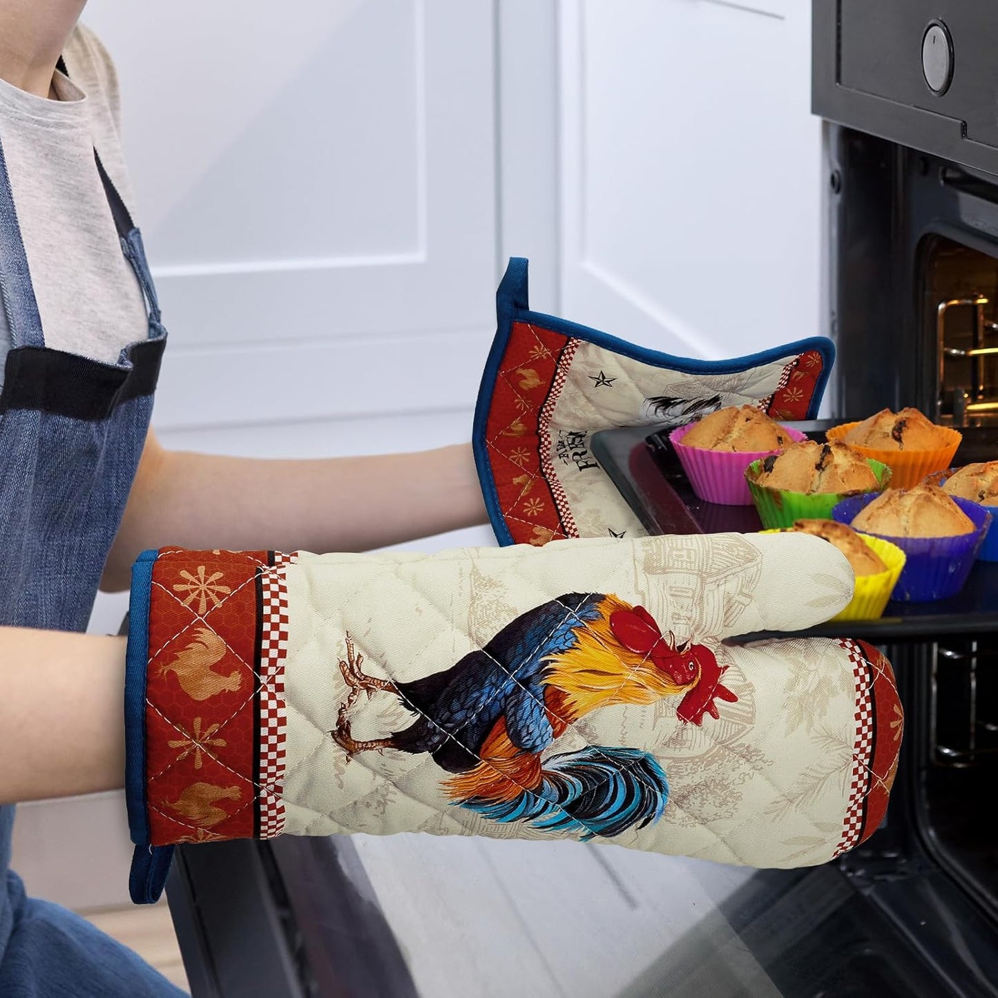 Rooster Oven Mitts and Pot Holders Sets 100% Cotton Heat Resistant, Extra Long Oven Gloves Potholder for Kitchen Cooking Baking Housewarming