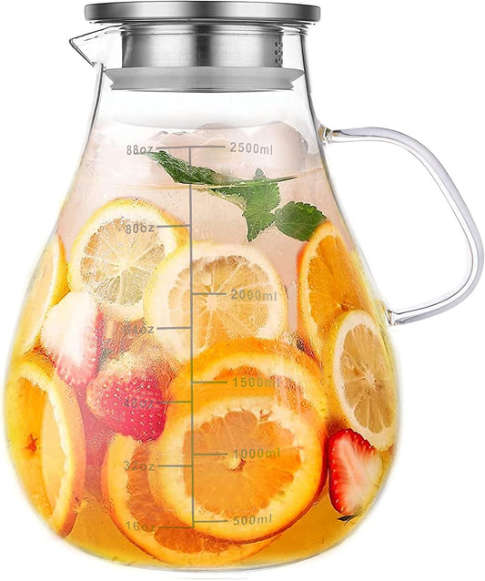 Glass Pitcher with Lid,88 Ounces -2500ml with Precise Scale Line, Hot/Cold Water Jug, Juice and Iced Tea Beverage Carafe with Lid