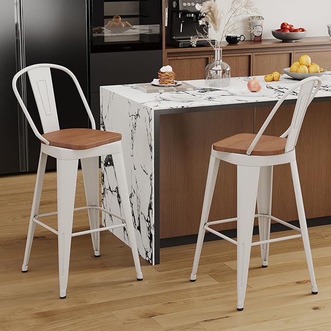 Aklaus Swivel Metal Bar Stools 26 inch Swivel Counter Height Barstools Set of 2 Modern Farmhouse Bar Chairs with High Backs and Large Wooden Seat for Kitchen Island Dining Room Cream White