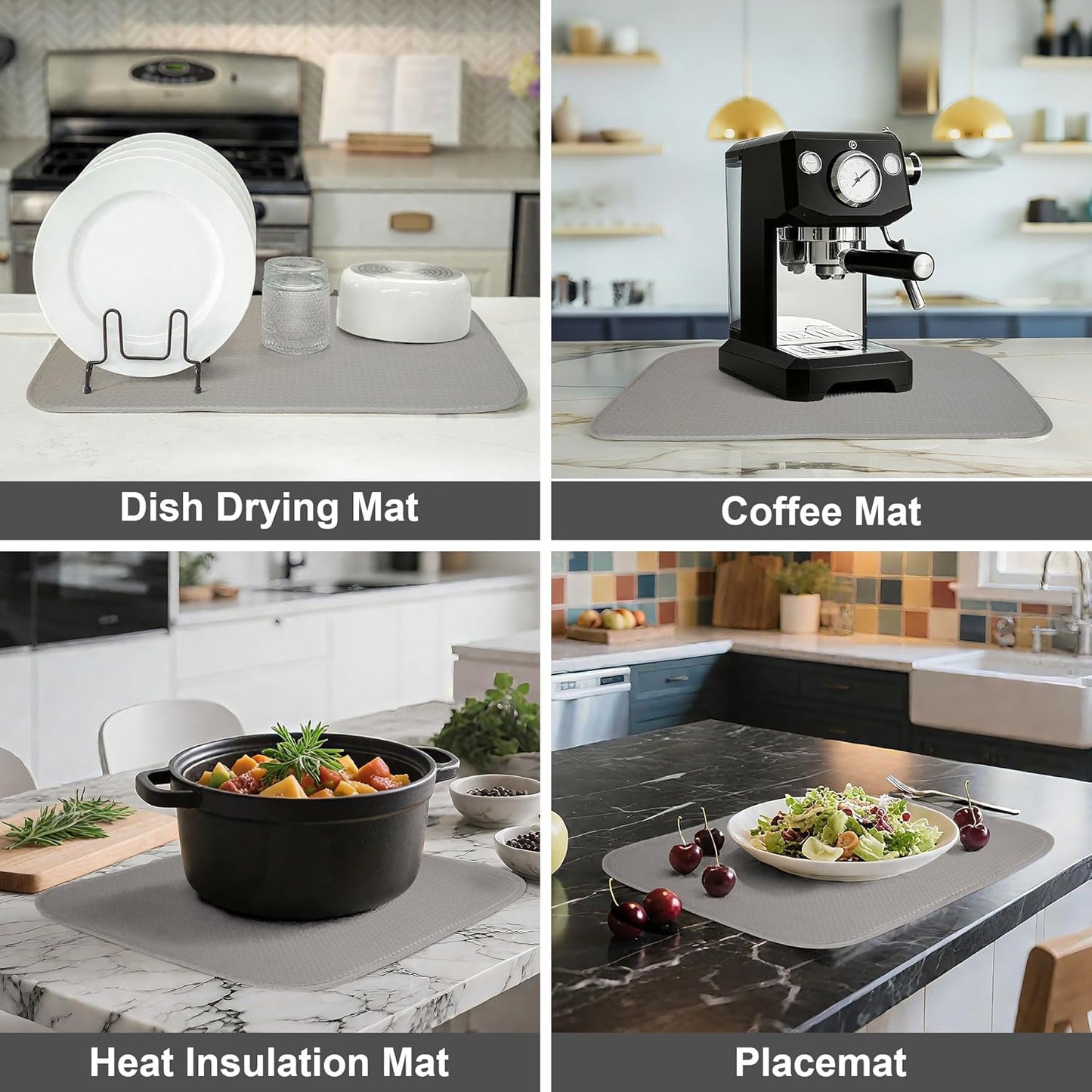 2 Pack Dish Drying Mat, Dish Drying Mats for Kitchen Counter, Microfiber Dish Dryer Mat, Large 20" x 15" Drainer Mats, Highly Absorbent, Machine Washable (Gray)