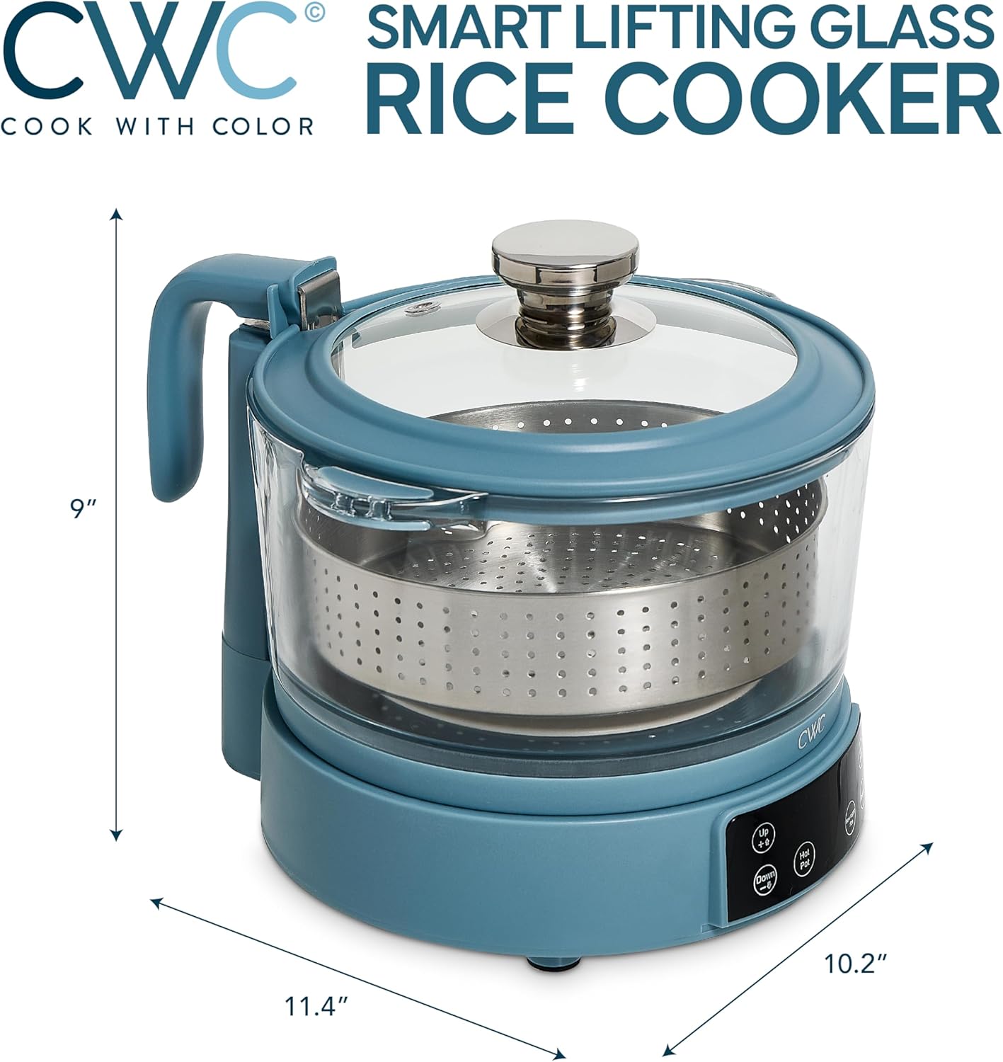 COOK WITH COLOR 3L Glass Low Carb Rice Cooker - Makes 6 Cups Low Sugar Rice with Auto Lift Filter Basket, Hotpot & Steamer for Rice, Grains and Oats, Digital Panel with Keep Warm Function, Slate Blue
