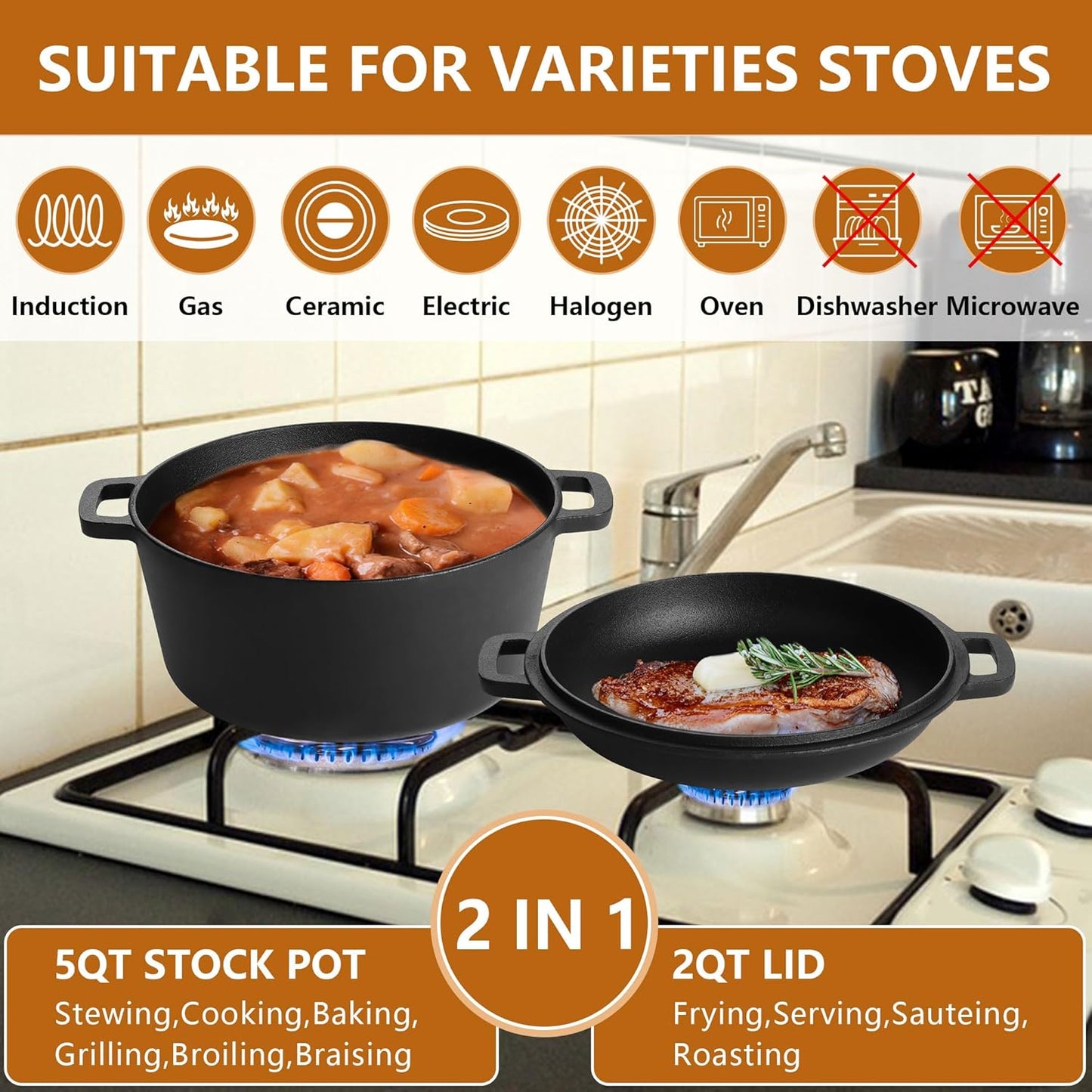 E-far Pre-Seasoned Cast Iron Dutch Oven, 5 Quart 2 in 1 Dutch Oven Pot with Skillet Lid and Silicone Bread Sling, Ideal for Bread Baking, Cooking, Stewing, Frying, Induction & Oven Safe - Black