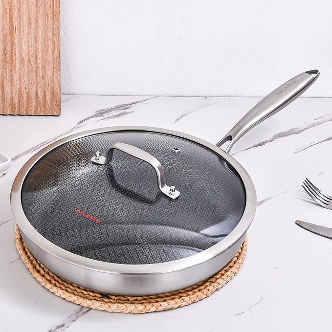 DELARLO Whole body Tri-Ply Stainless Steel Hybrid 12 inch Frying Pan With Lid Nonstick, Oven safe induction skillet,Suitable for All Stove (Detachable Handle)