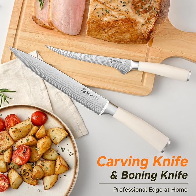 Sunnecko Knife Set with Block and Sharpener, 15 Piece Kitchen Knife Block Set Sharp Kitchen Knives High Carbon Stainless Steel with White Handles