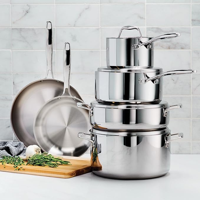 Tramontina Tri-Ply Clad Stainless Steel 10-Piece Cookware Set with Lids, Pots and Pans Kitchen Set, Induction-Ready, Dishwasher-Safe, NSF-Certified, Made in Brazil