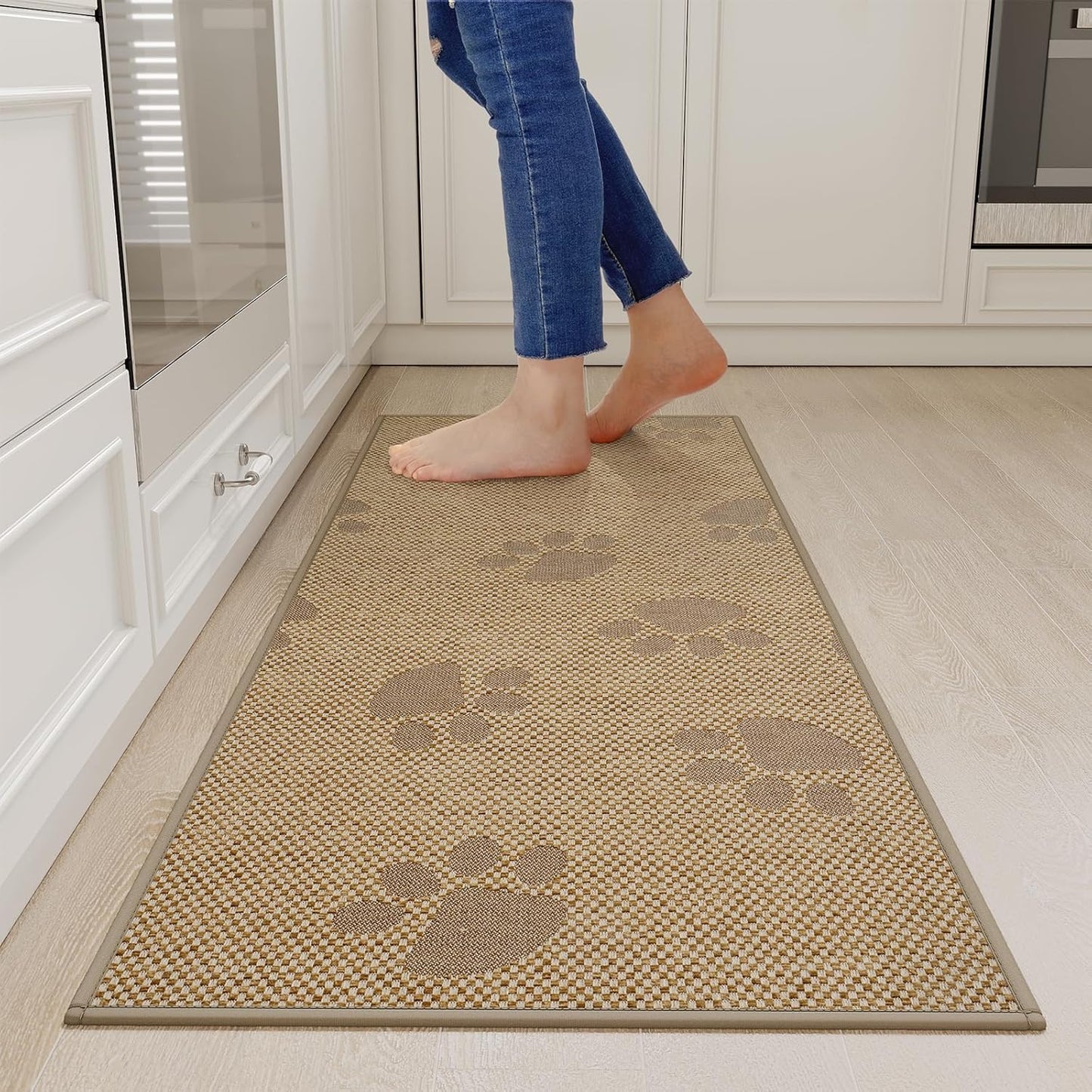 Kitchen Mats for Floor, Super Absorbent Kitchen Rugs Non Slip Washable, Rubber Backing Soft Woven Linen Embroidery Runner Rug, Standing Mat Kitchen Sink Mat, Easy to Clean, Brown 17x47