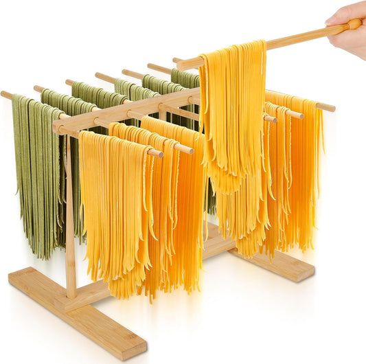 CycForge Bamboo Pasta Drying Rack with 14 Rods & Transfer Wand - Large Capacity Collapsible Stand for Fresh Homemade Spaghetti, Foldable Space Saving Storage