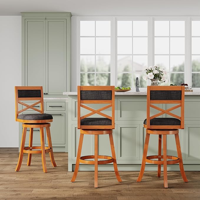 DTY Indoor Living Meeker X Back Fabric Swivel Stool, 30” Bar Height, Natural Finish, Charcoal Fabric Seat