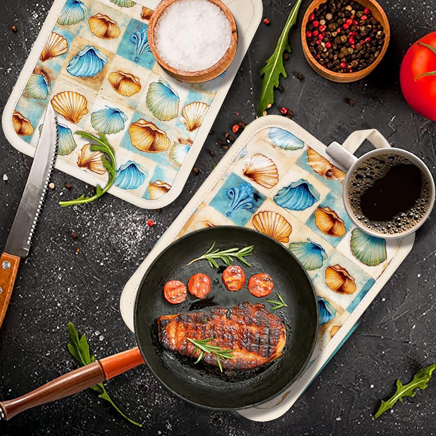 Pot Holders Set of 2 Heat Resistant 480 ℉Non Slip Clear Silicone Printed Comfortable Cotton Lining Kitchen Women Men Cooking Baking Microwave Machine Washable (Shell, Beige potholders)