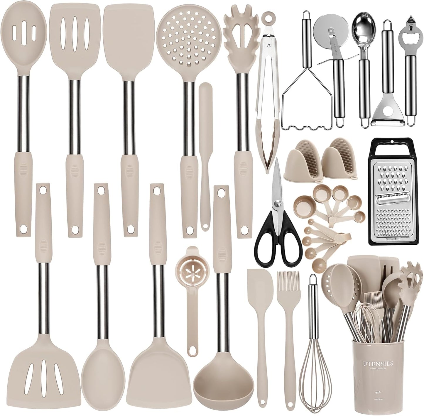 Silicone Cooking Utensils Set, NCUE 35 Pcs Kitchen Utensils Set with Holder, with Stainless Steel Handle Spatula Set, Spoons, Pasta Server, Cheese Grater, Masher, Scissors, Dishwasher Safe (Khaki)
