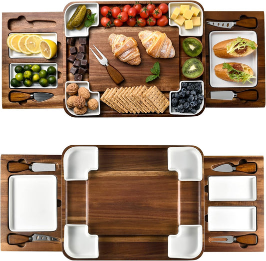 Shanik Upgraded Acacia Cheese Board Set, Square Shaped Charcuterie Set, Cheese Platter, Handcrafted Design and Stainless Steel Cutlery Set - Gift for Any Occasion No Engraving