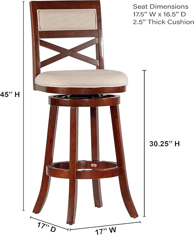 DTY Indoor Living Meeker X Back Fabric Swivel Stool, 30" Bar Height, Cherry Finish, Beige Fabric Seat