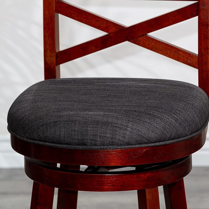 DTY Indoor Living Meeker X Back Fabric Swivel Stool, 30” Bar Height, Cherry Finish, Charcoal Fabric Seat