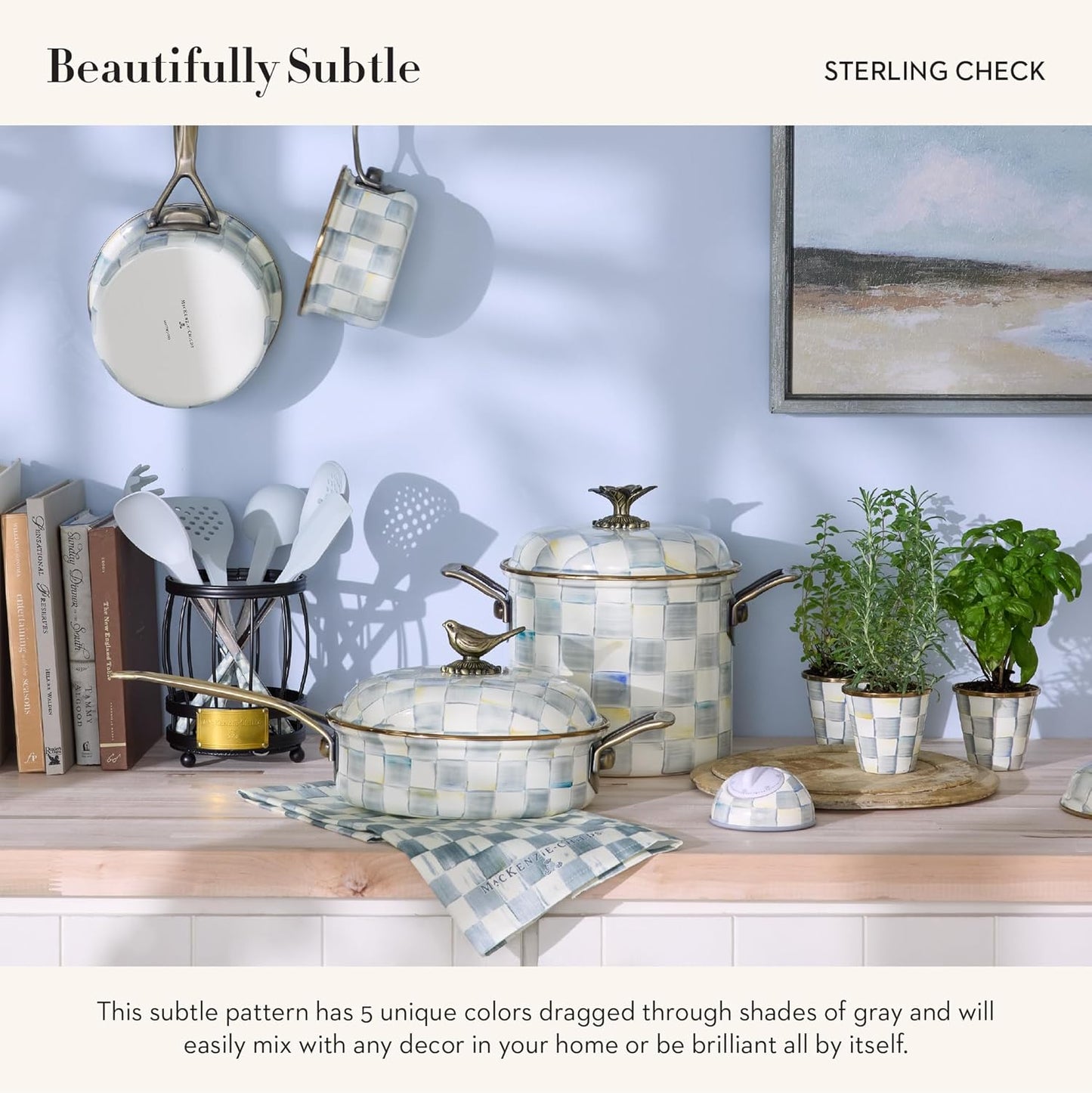 MACKENZIE-CHILDS Kitchen Ladle, Silicone Ladle Spoon for Cooking, Gray-and-White Sterling Check