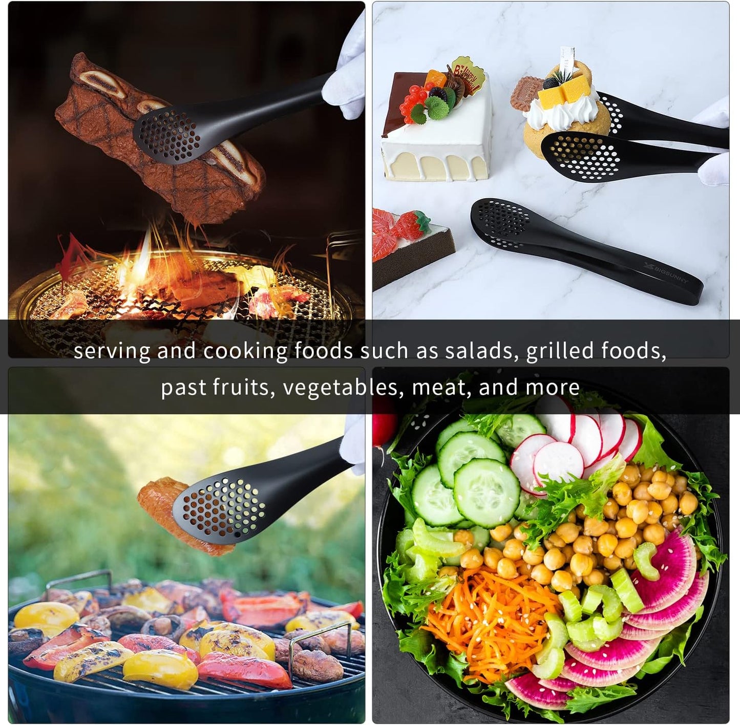 MSY BIGSUNNY Kitchen Buffet Tongs - Heavy Duty Food Serving Set for Cooking, BBQ - Metal Salad Tongs Set of 3 (Black 7" 9" & 11")