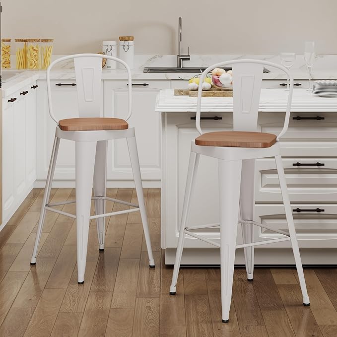 Aklaus Swivel Metal Bar Stools 24 inch Swivel Counter Height Barstools Set of 2 Modern Farmhouse Bar Chairs with High Backs and Large Wooden Seat for Kitchen Island Dining Room Cream White