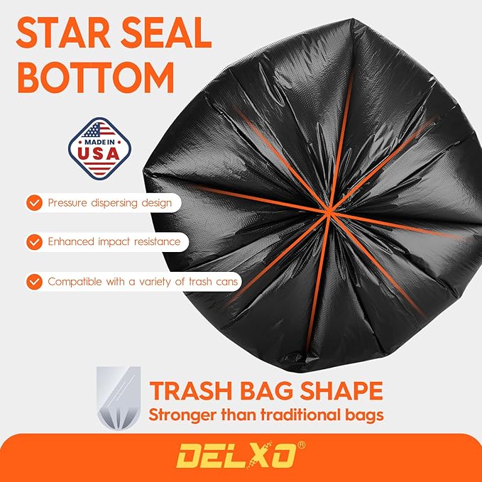DELXO 55-60 Gallon Trash Bags, 150 Count Heavy Duty Large Black Garbage Bags, Thick Durable and Puncture-Resistant Plastic Bags for Kitchens, Yards & Offices, Made in USA