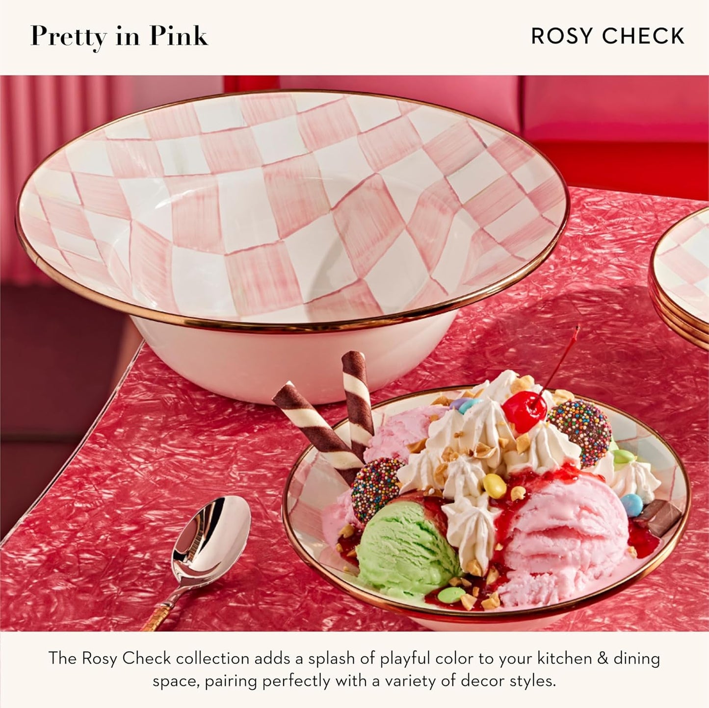 MACKENZIE-CHILDS Enamel Serving Bowl, Enamel Serveware Bowl, 12 Inches, Pink-and-White Rosy Check