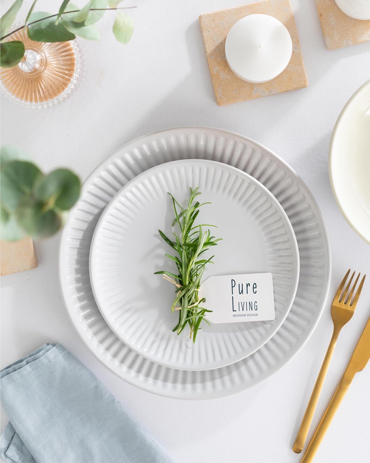 Stoneware Dinnerware Set for 4 People HYGGE 12-Piece - Elegant Scandi Design - Premium Dish Set - Bowl and Plate Set - Tableware for 4 People in a Ribbed Design - Pure Living in White