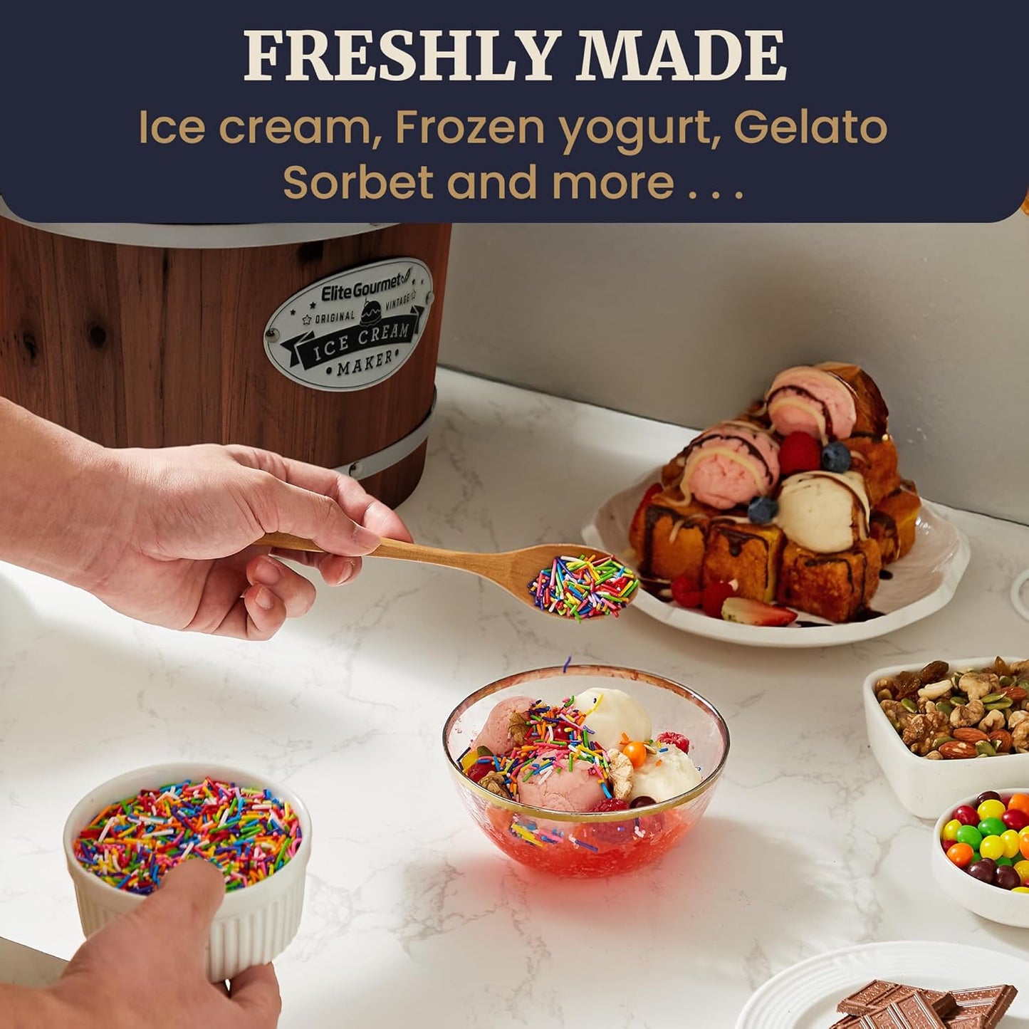 Elite Gourmet EIM949 Old Fashioned 6 Quart Vintage Walnut Wood Bucket, Electric Ice Cream Maker Machine Appalachian, Uses Ice and Rock Salt