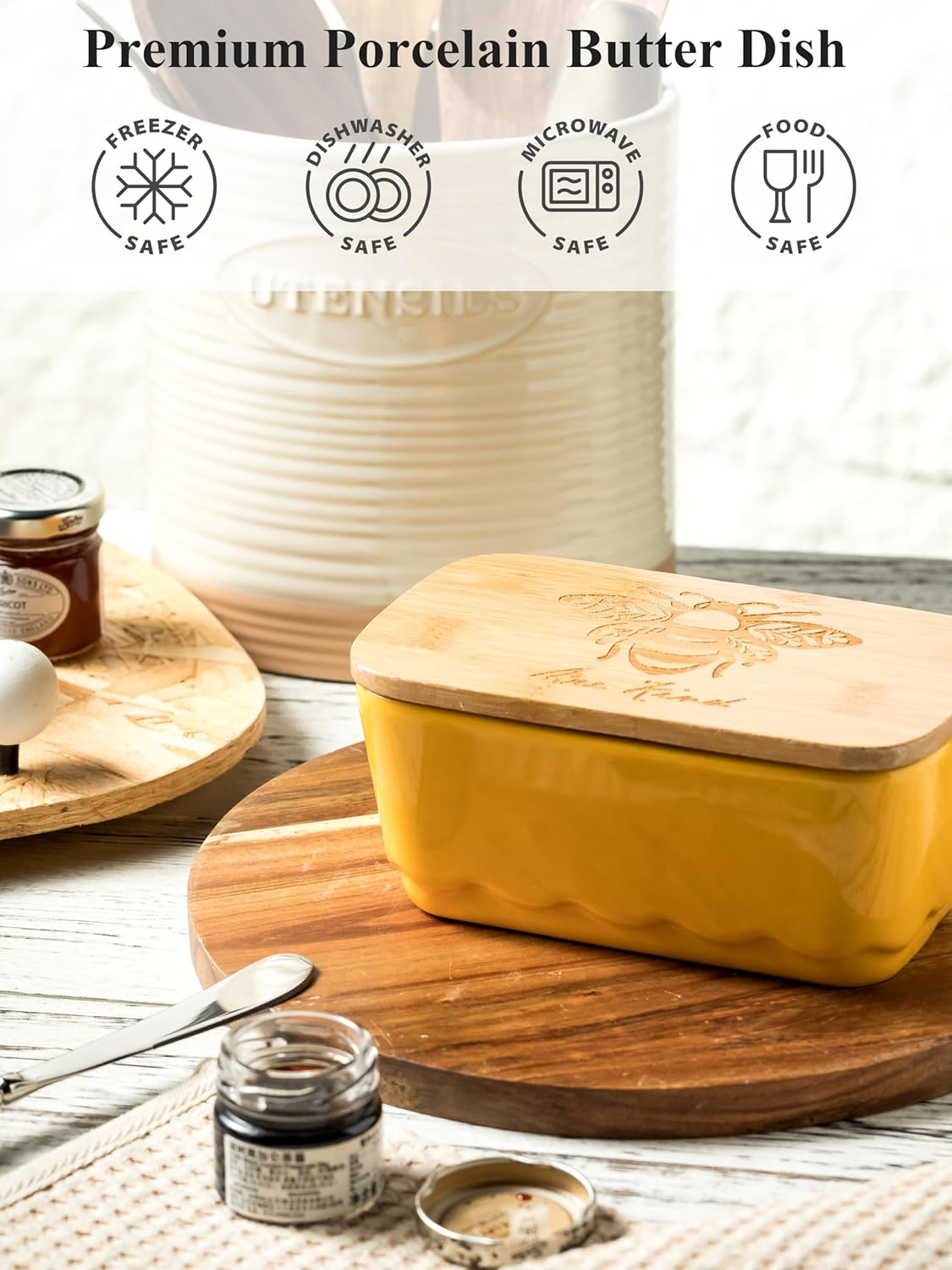 Covered Butter Dish with Lid, Large Butter Dishes for Countertop, Yellow Butter Holder with Airtight Seal Butter Container for East West Coast Butter, HoneyBee Table Decor