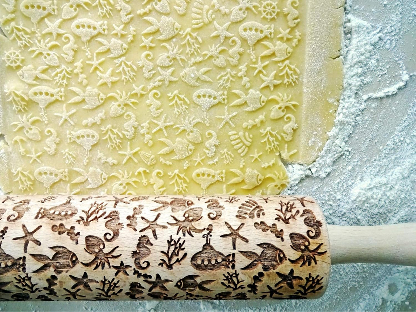 DEEP OCEAN EMBOSSING ROLLING PIN LASER ENGRAVED WITH DEEP OCEAN SYMBOLS GIFT FOR FRIEND