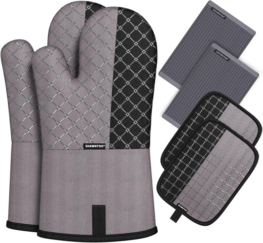 Oven Mitts and Pot Holders Sets 6pcs, Kitchen Oven Glove,High Heat Resistant 550 Degree Extra Long Oven Mitts and Potholders with Non-Slip Silicone Surface for Home Essentials (Grey) (Charcoal Grey)
