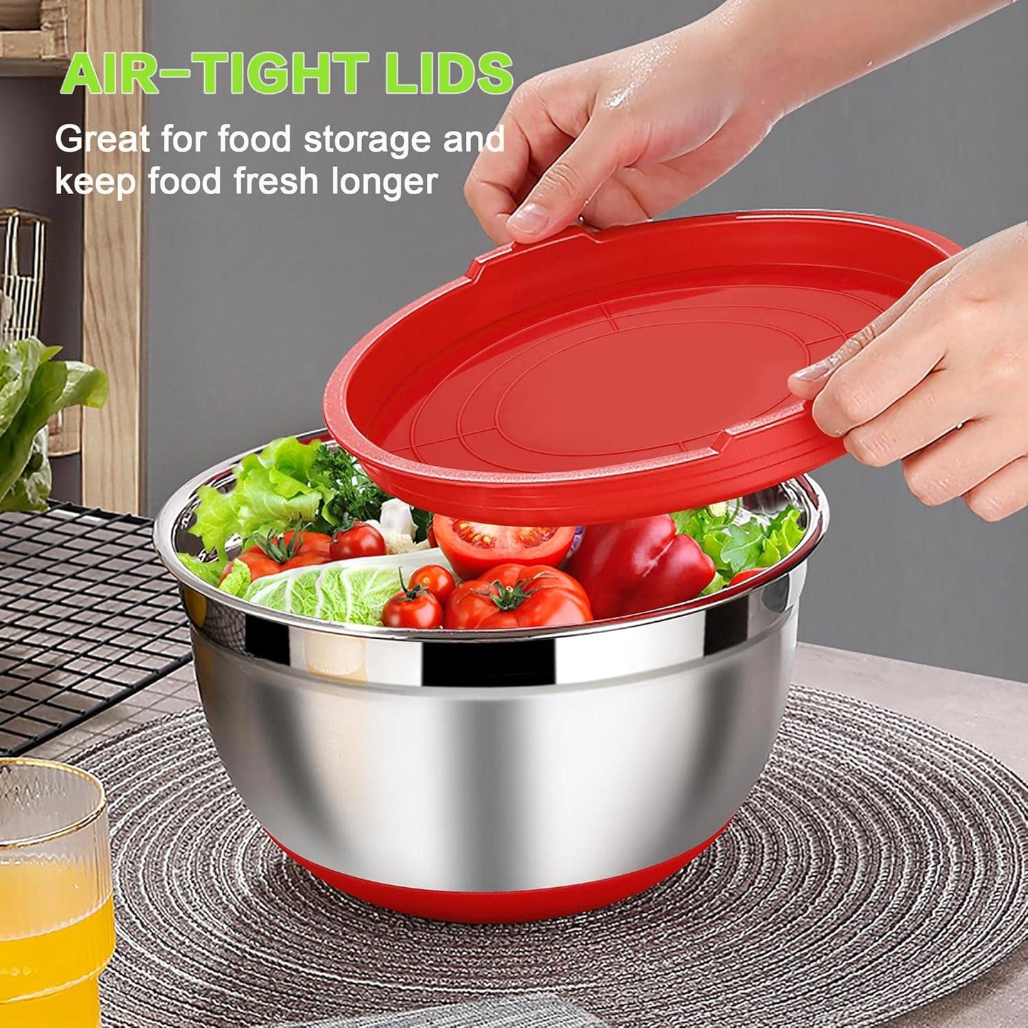 LIANYU Mixing Bowls Set of 6 with Airtight Lids, Size 7, 3.5, 2.5, 2, 1.5, 1QT Large Metal Stainless Steel Nesting Bowls for Cooking, Baking, Food Storage, Non-slip Bottom, Red