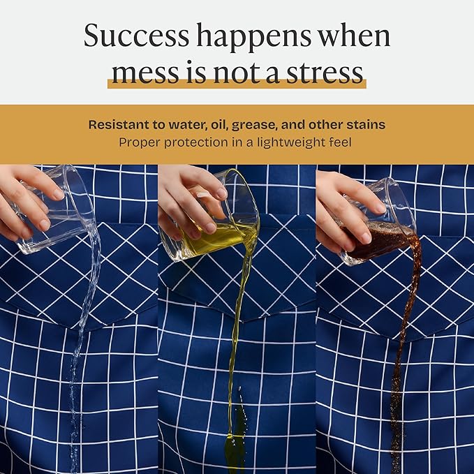 Will Well Kitchen Apron for Men and Women - 33" x 27" Oil-and-Water-Resistant with Adjustable Neck Strap and 38" Waist Ties for a Snug Fit, Lightweight with 2 Front Pockets - 1-Pack, Navy Checkered