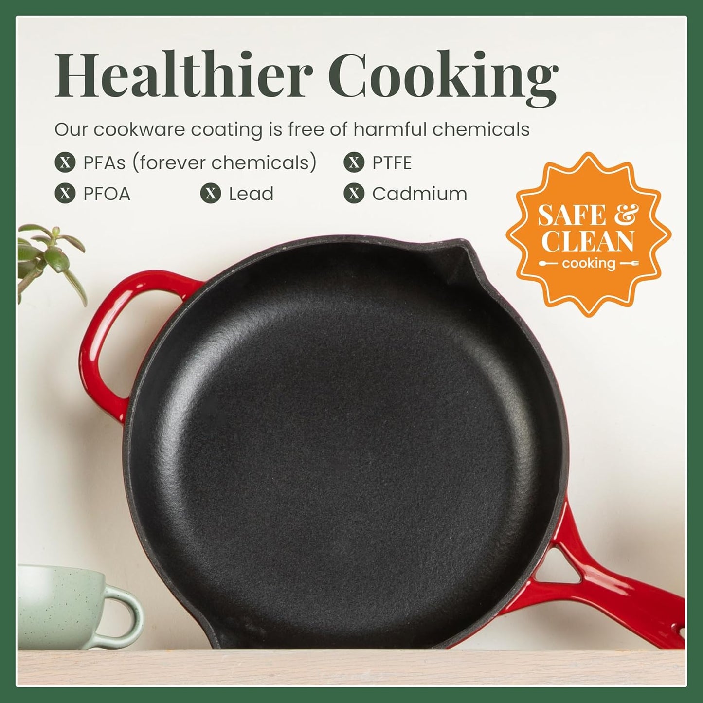 Larder & Vine Enameled Cast Iron Skillet | 10.25 inch Skillet | Saute Pan with Pour Spouts | Enamel Coated Cast Iron | Compatible on All Cooktops & Oven Safe to 500 F | Cabernet