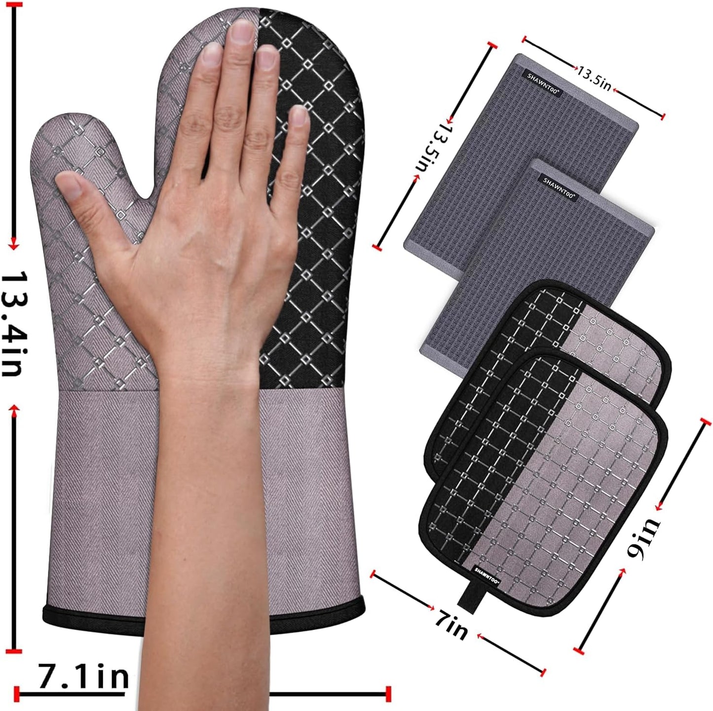 Oven Mitts and Pot Holders Sets 6pcs, Kitchen Oven Glove,High Heat Resistant 550 Degree Extra Long Oven Mitts and Potholders with Non-Slip Silicone Surface for Home Essentials (Grey) (Charcoal Grey)